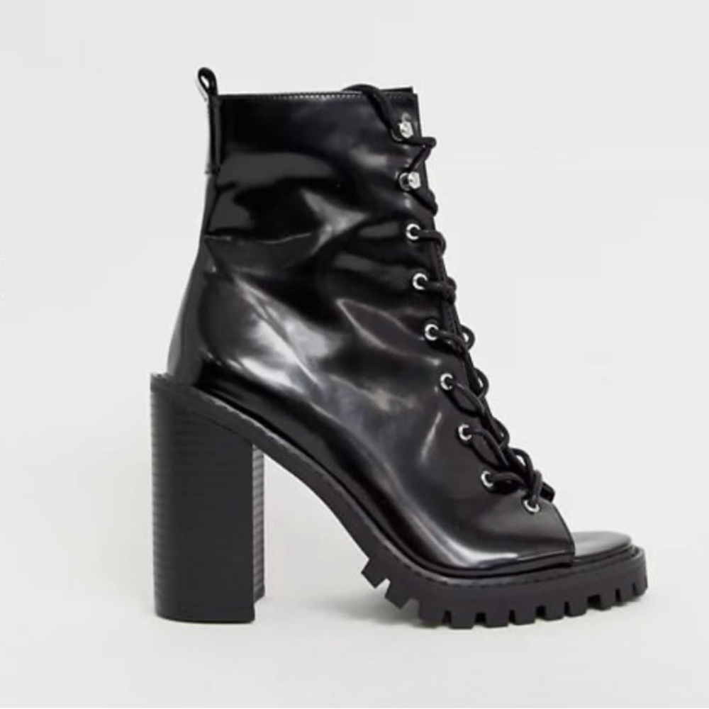 NWOT ASOS DESIGN Emma Black Peep Toe Chunky Lace Up Boots Sz: 7 - Picture 2 of 5